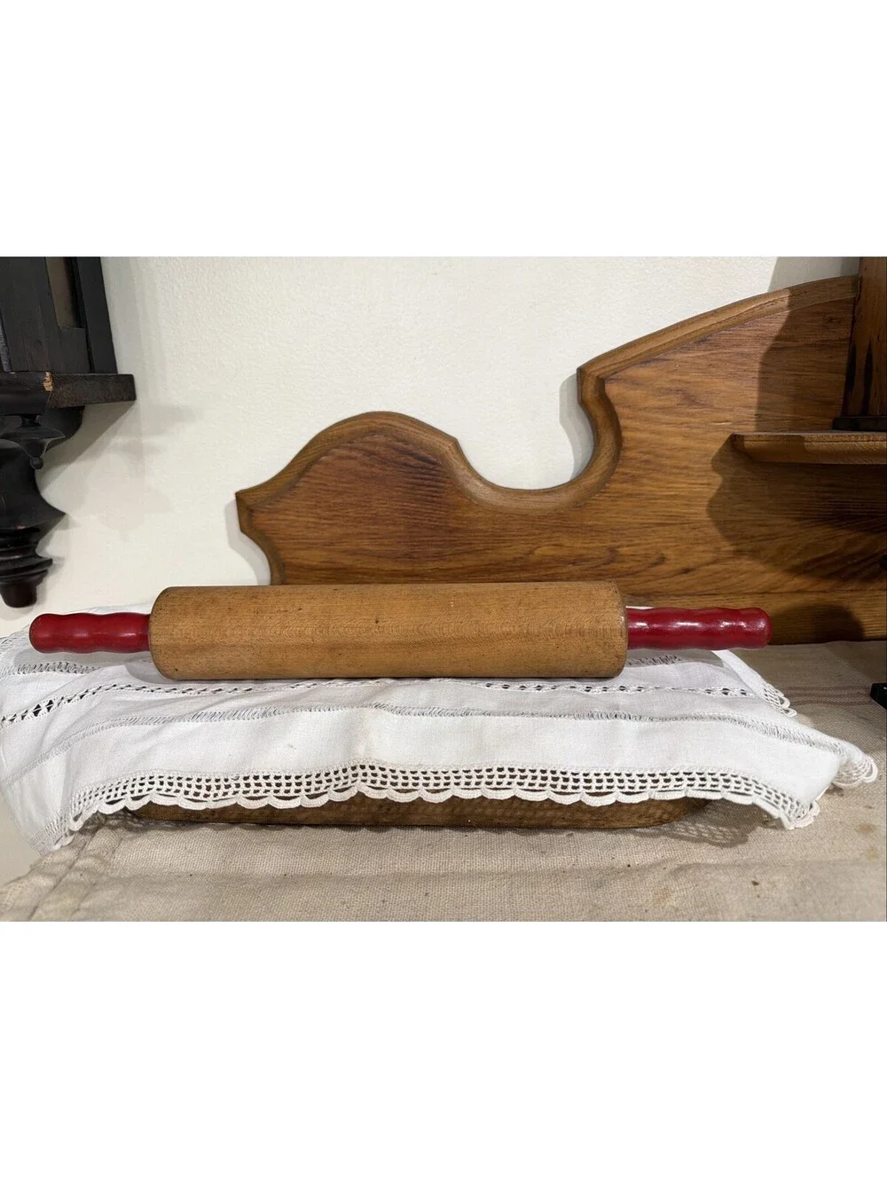 Rolling Pin & Holder Wood VTG Kitchen Display Red Strawberry Paper Towel Retro